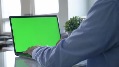 View from the back of man in black shirt sitting at the table and typing on laptop with green screen