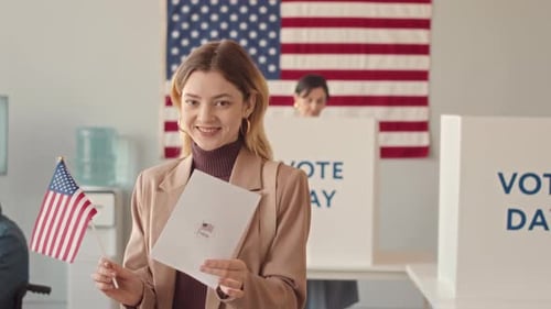 Young Woman Votes, American Flag in Background