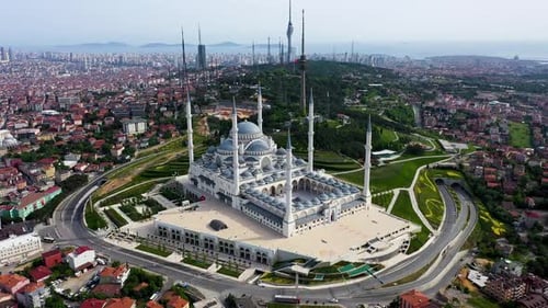 Aerial Drone View of Istanbul Camlica Mosque and Bosphorus