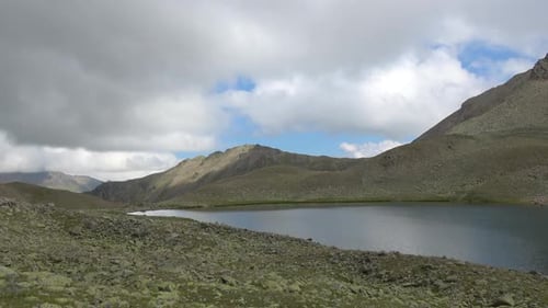 View lake scenes in mountains, national park Dombay, Caucasus
