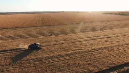 Luftaufnahme eines fortschrittlichen Mähdreschers, der bei strahlendem Sonnenuntergang