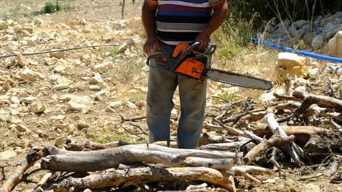 Man Cutting Wood with Chainsaw on Rocky Field