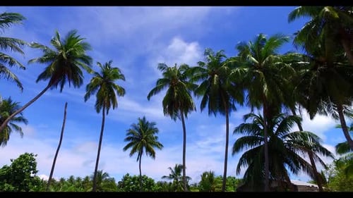 Aerial drone view tourism of idyllic island beach voyage by blue ocean with white sandy background o