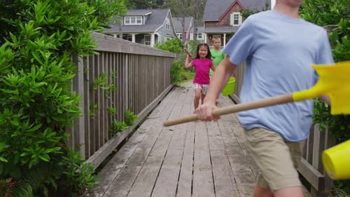 Kids walking across bridge. Shot on RED EPIC for high quality 4K, UHD, Ultra HD resolution.