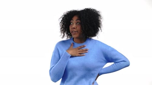 Pensive Woman Gesturing on White Background
