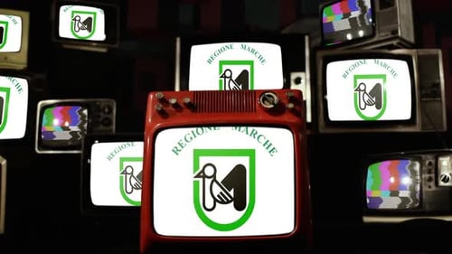 Collection of Old Televisions Displaying Static and Logo