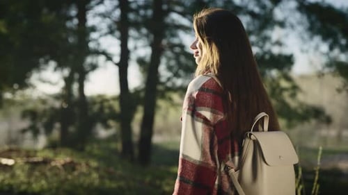 Schöne junge Hipster-Frau in einem Hemd, die durch einen malerischen Pinienwald spaziert