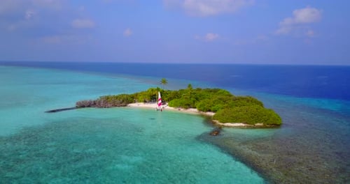 Wide angle birds eye abstract shot of a sandy white paradise beach and blue sea background in colorf