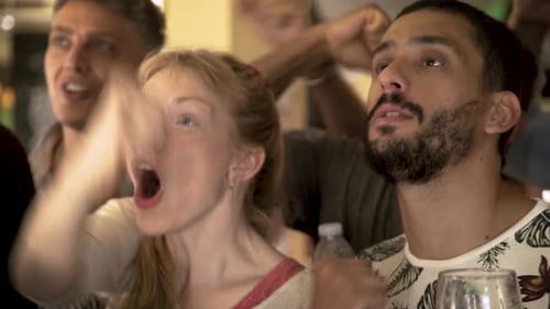 Football fans cheering while watching televised match in bar