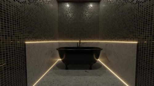 freistehende schwarze Badewanne, beleuchtet von gelben LED-Lichtern