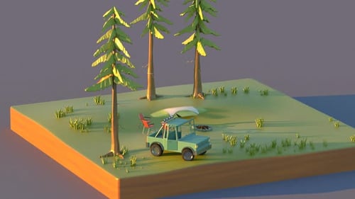 Forest outdoor campsite transformation. Cute, stylized cartoon animation diorama