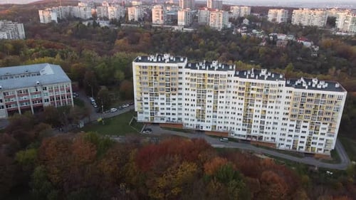 Aerial view of a drone flying over the city.