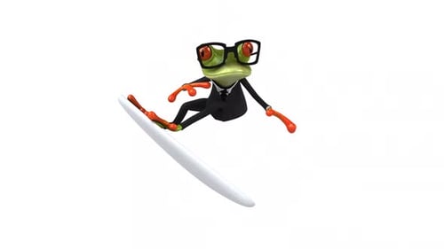 Lustiger 3D-Cartoon-Frosch beim Surfen mit Alpha-Kanal