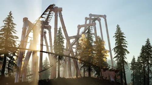 Abandoned Rollercoaster in Overgrown Forest at Sunset
