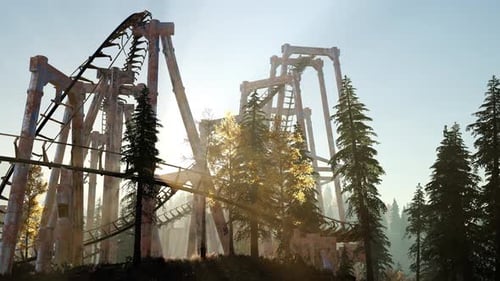 Old Roller Coaster at Sunset in Forest