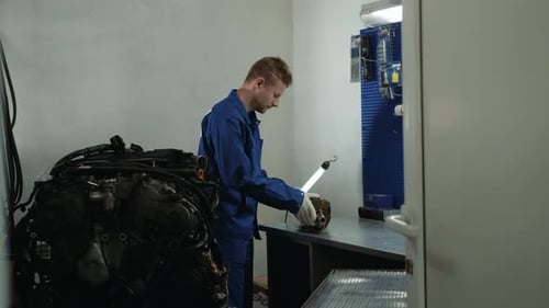 Engineer Mechanic Hands Fixing Engine Power Transmission Gears Box Man Warehouse Service Auto Car
