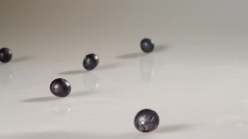 Falling Fresh Blueberries in Slow Motion on White