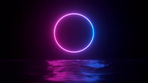 Leuchtender Neonkreisrahmen und futuristischer Ozean-Hintergrund