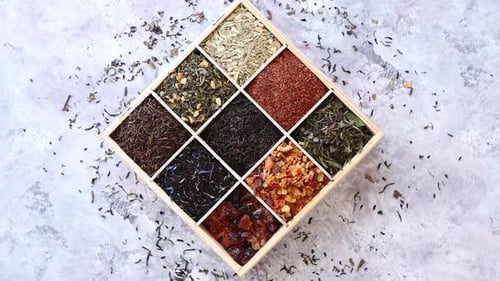 Various Kind of Dry Tea in Wooden Box