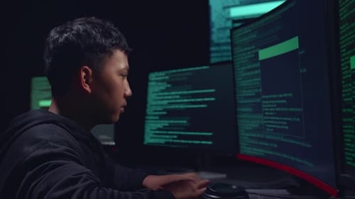 Asian Boy Hacker Hacking With Multiple Computer Screens In Dark Room