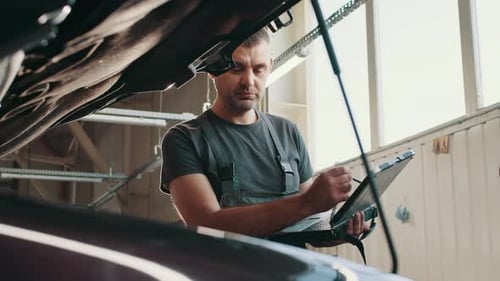 Man Repairing Car Using Tablet With Stylus Pen
