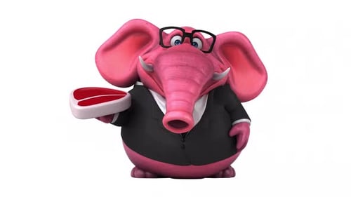 Pink Elephant Businessman Presents Steak 3D Animation