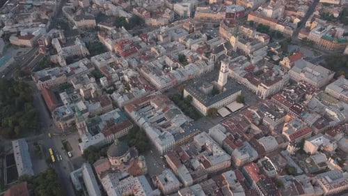 Aerial City Lviv, Ukraine. European City. Popular Areas of the City. Town Hall