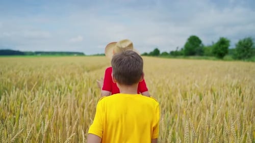 Brothers running cross the wheat field