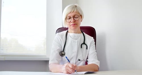 Female Doctor Writing at Desk in Exam Room