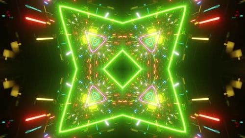 Futuristic Neon Kaleidoscope Tunnel with Geometric Light Patterns