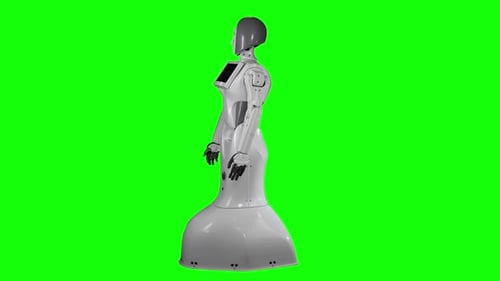 Robot Looks at His Hands in Front of Him. Green Screen. Side View