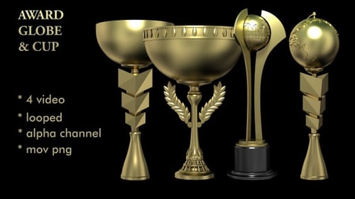 Rotating Golden 3D Award Trophies Pack Animation