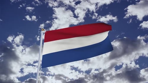 Realistic Netherlands Flag Waving in Cloudy Blue Sky