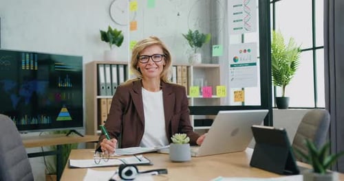 Business Woman Working At Office Desk Smiling