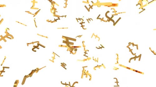 Shiny Golden Pound Signs Falling Down in Slow Motion 3D Animation - 1080p