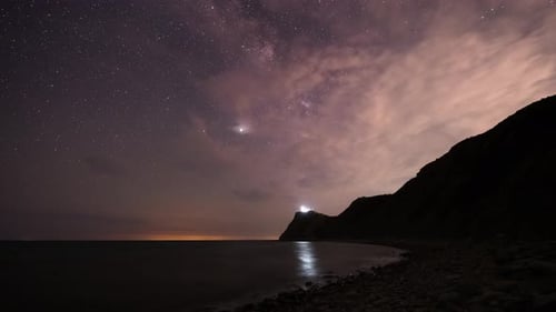 Time lapse with Milky Way galaxy over rocky coastline
