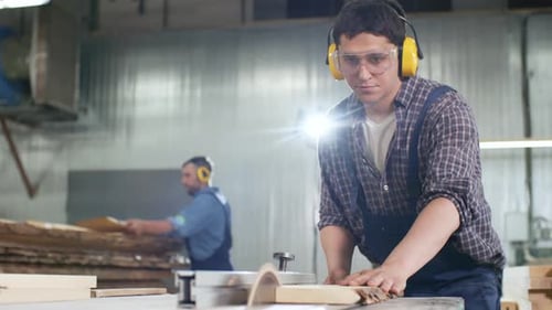 Carpenter Sawing Plywood in Workshop
