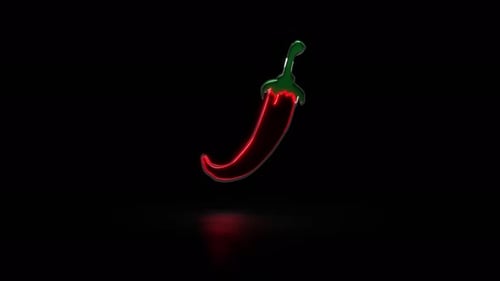 Glowing red bell pepper with reflections on a black background. Neon chilli pepper sign.