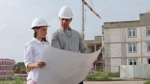 Engineers Reviewing Construction Blueprint on Building Site