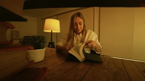 Zoom Out Woman Look at Book in Library,perspective