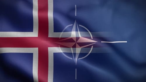 Waving Icelandic Flag and NATO Alliance Symbol