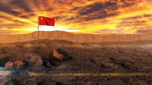 China Flag Waving on Alien Planet with Epic Sunset