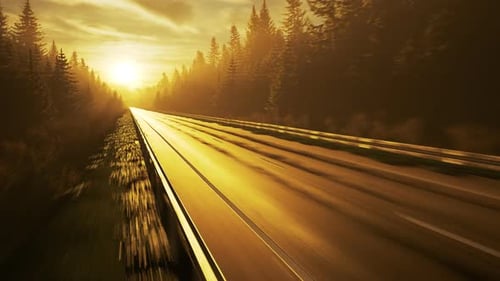 Golden autumn loopable animation of empty forest asphalt road during sunset.