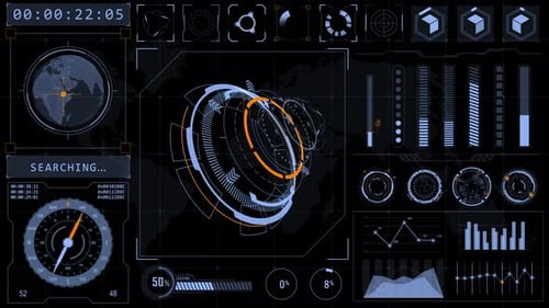 Head-up-Display-Technologie, Schnittstellenbildschirm mit futuristischen 3D-Elementen, Diagramm und Chat-Panel