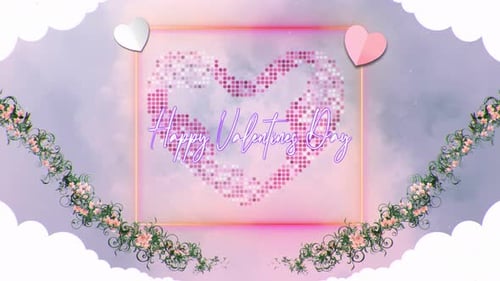 Happy Valentine's Day Neon Title with Decorative Hearts and Flowers