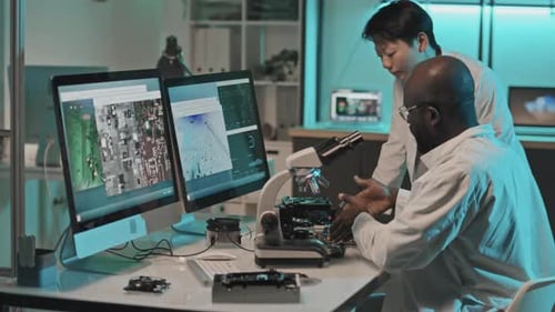 Two Scientists Working with Microscopes in Laboratory