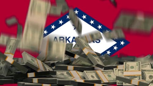 US Dollars Falling in front of Arkansas State Flag