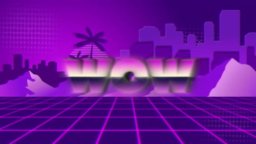 Écran de jeu vidéo vintage avec mot métallique « wow » écrit