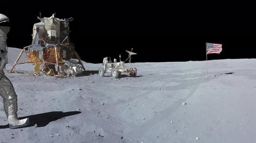 Astronaut Walking on Lunar Surface with Lander and Rover