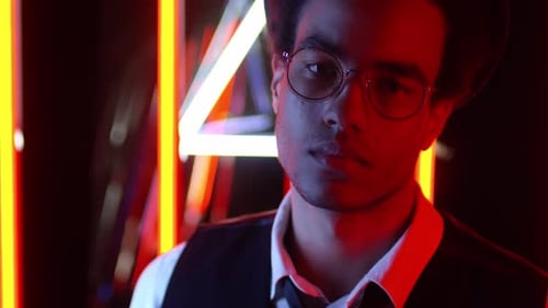 Neon Light Illuminated Male Portrait